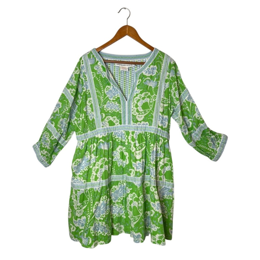 Gretchen Scott Dress Size Goddess XXL Green Blue Floral Paisley Tiered Mini